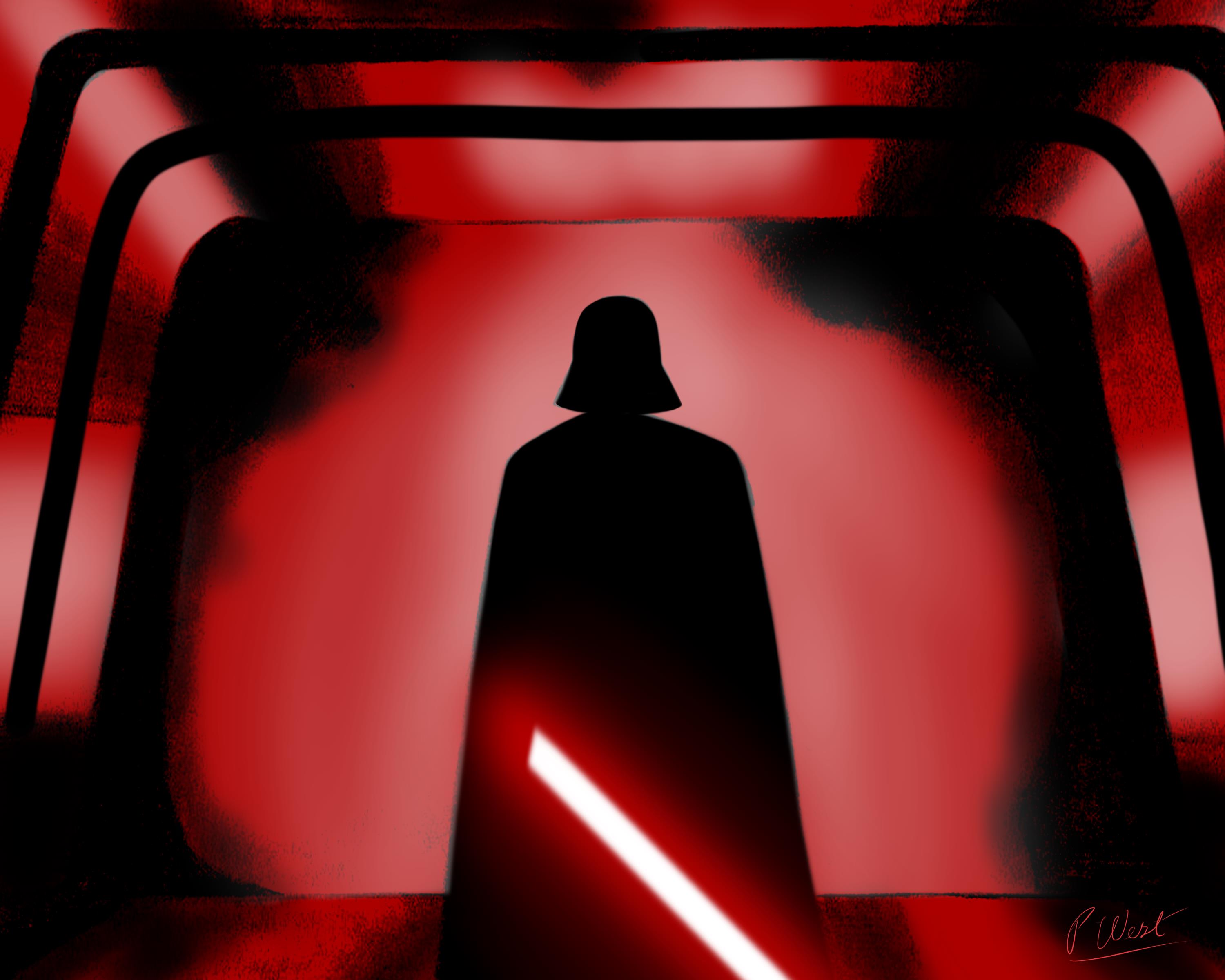 This is a print of Darth Vader in a hallway